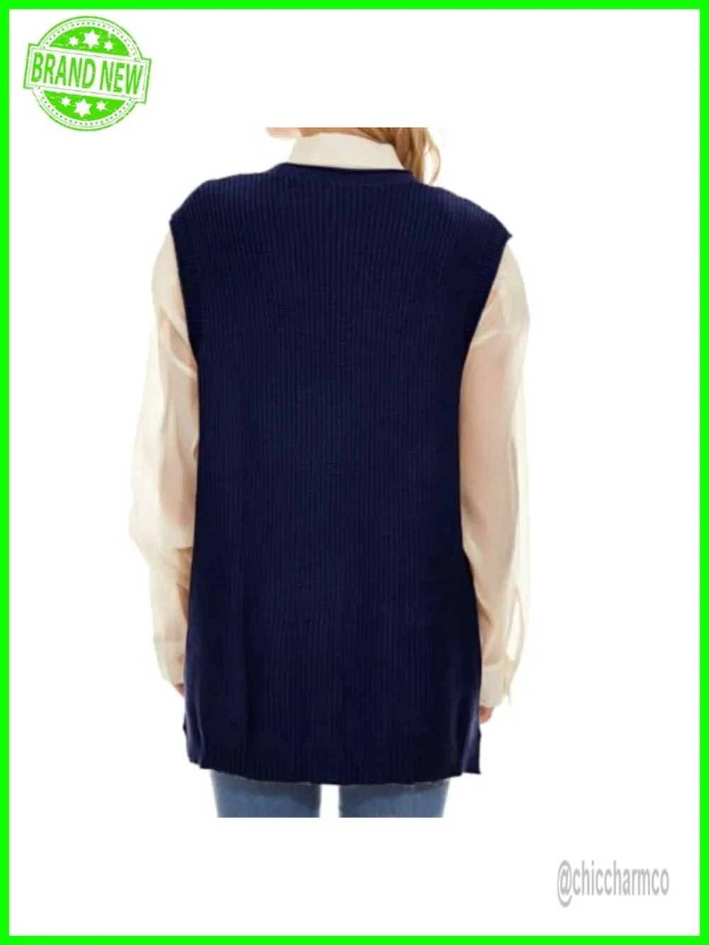 Long Cable Knit Sweater Vest Sleeveless V Neck Loose Fit Casual Top